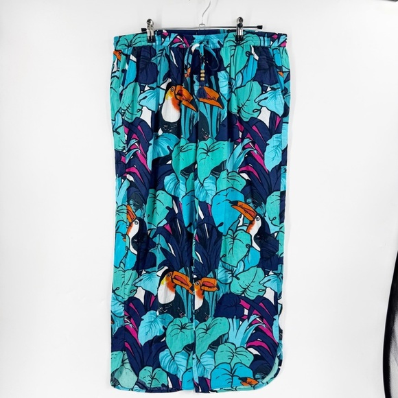 ✅ Talbots BLUE/GREEN Tropical Print COTTON WIDE LEG CROPPED PANTS SIZE LARGE - Picture 1 of 7